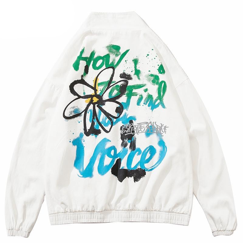 Denim Graffiti Flower Print Jacket